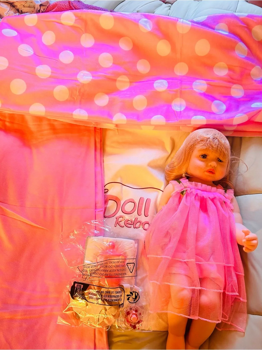 Reborn Pink Polka Dot Party Blanket Set with Pink Doll Outfit